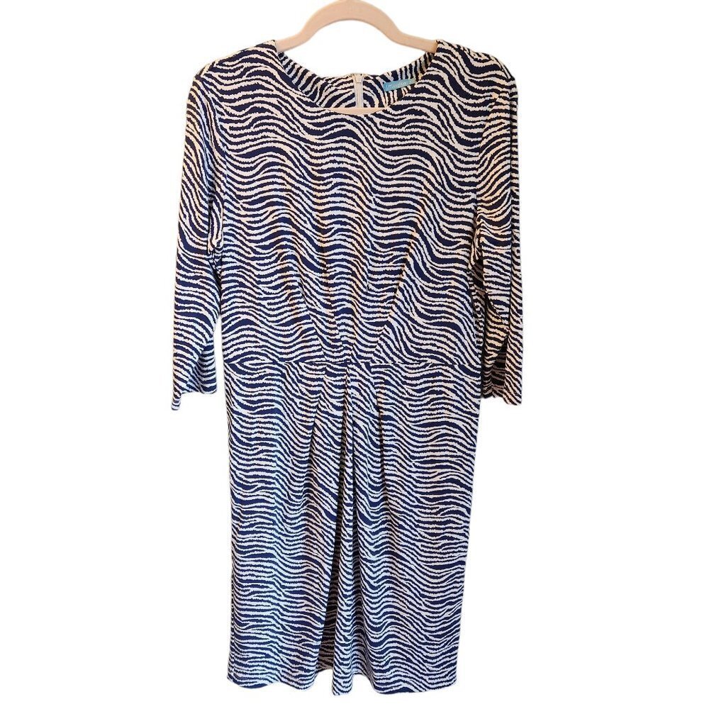 J McLaughlin Dress Large Blue White Women's Catalina Cloth 3/4 Sleeve